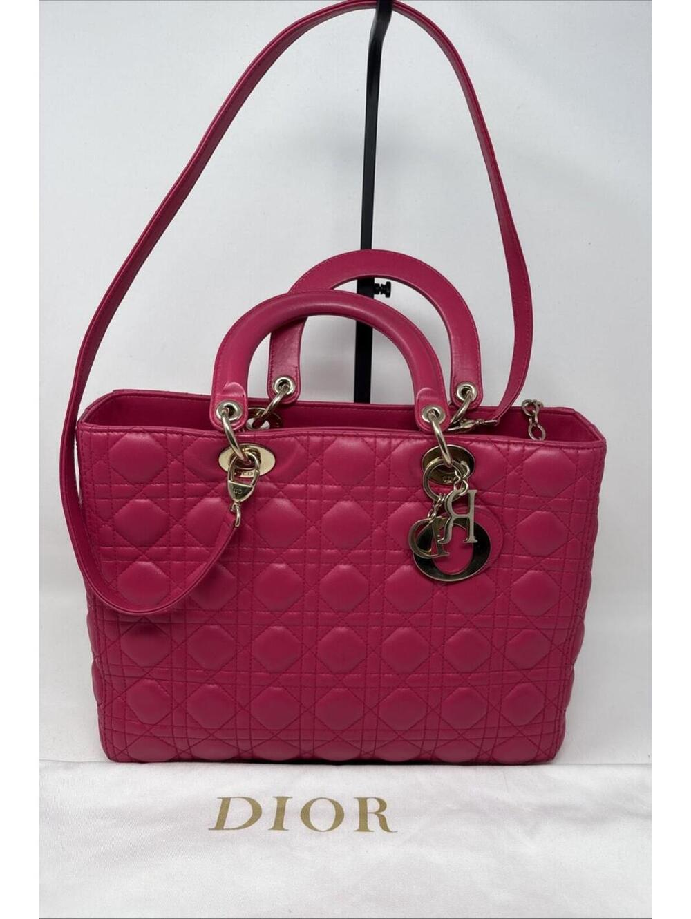 Large Christian Dior Lady Dior Dark pink  Cannage Quilted Leather Tote COA